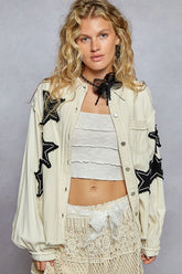POL Star Patch Raw Hem Button Up Denim Jacket Cream OutfitFlow